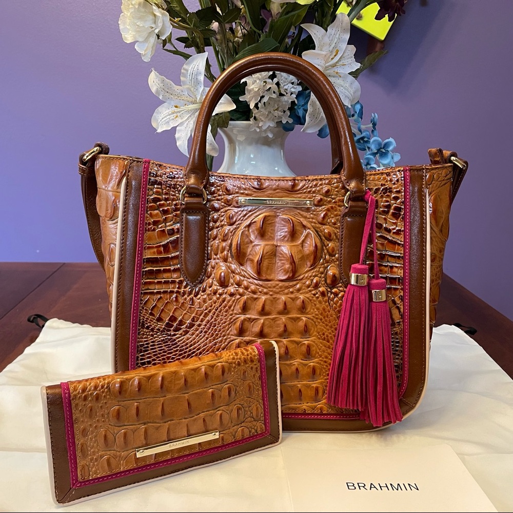 HARD TO FIND SET! NWOT Brahmin Toasted Almond Haynes Small Lena Satchel & Wallet